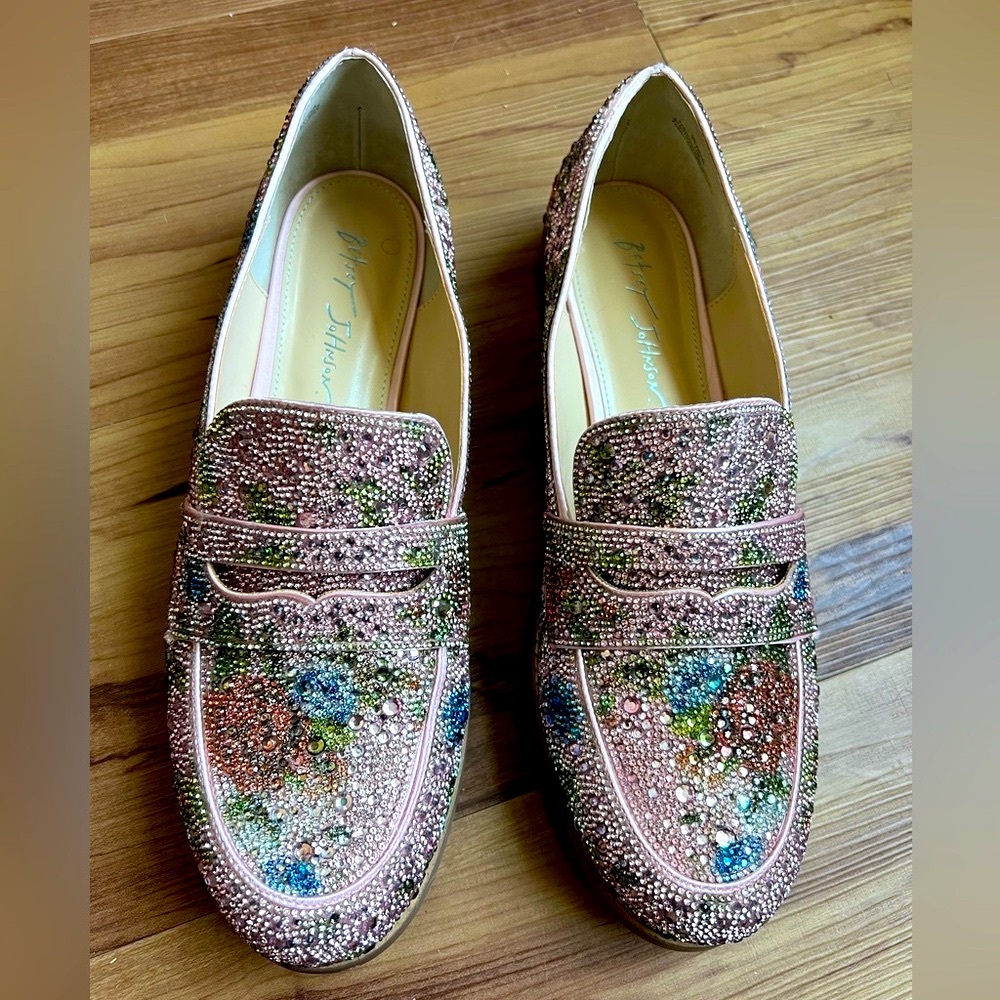 Betsey Johnson Rhinestone Pink Loafer Flat Shoes Size 11 Women’s